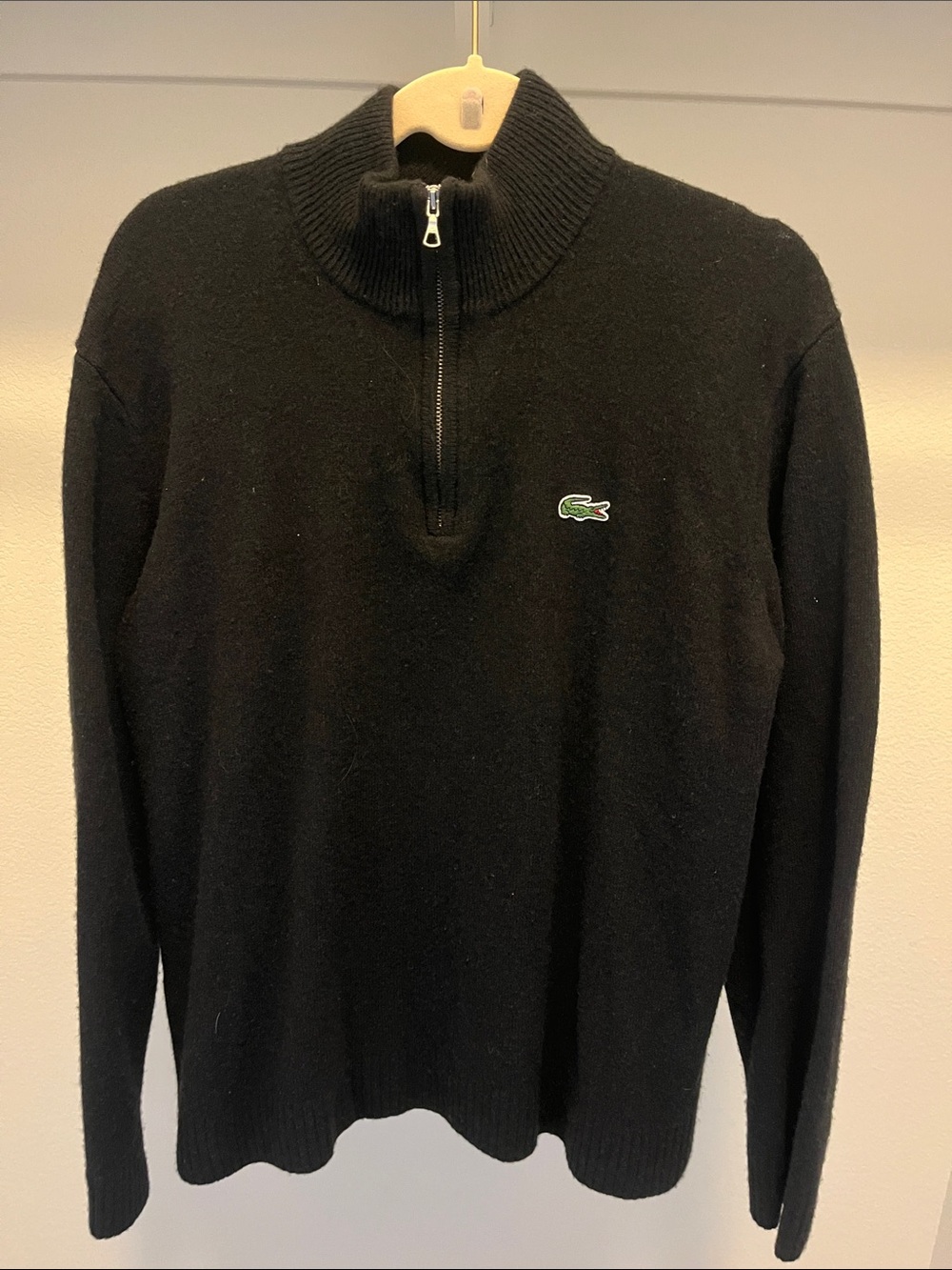 Lacoste Men's Black Zip-Neck Sweater with Green Croc Logo